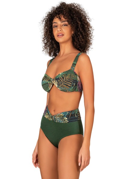 Kadın Yeşil Yaprak Desenli Parıltılı Yüksek Bel Bikini Takımı fırsatları