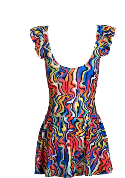 Beria Kadın Fırfır Detaylı Soyut Desenli Etekli Elbise Mayo fiyatları