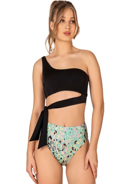 Kadın Yüksek Bel Yan Bağlama Detaylı Yeşil Desenli Bikini Takımı