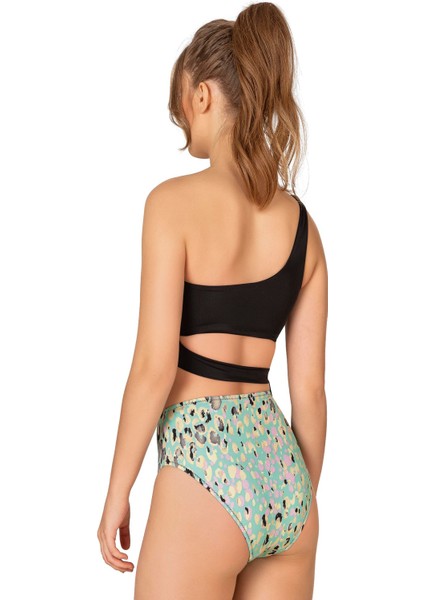 Kadın Yüksek Bel Yan Bağlama Detaylı Yeşil Desenli Bikini Takımı