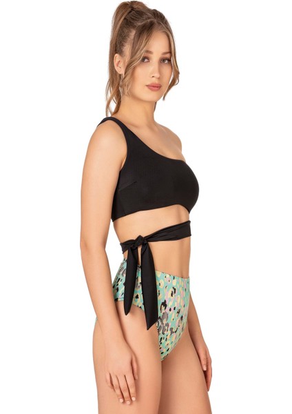 Kadın Yüksek Bel Yan Bağlama Detaylı Yeşil Desenli Bikini Takımı