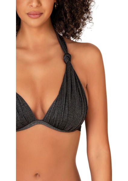 Kadın Siyah Simli Yarım Dolgulu Bikini Takımı