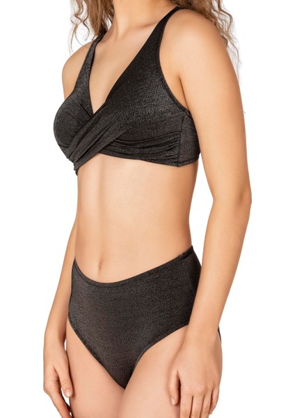 Kadın Siyah Simli Toparlayıcı Yüksek Bel Bikini Takımı