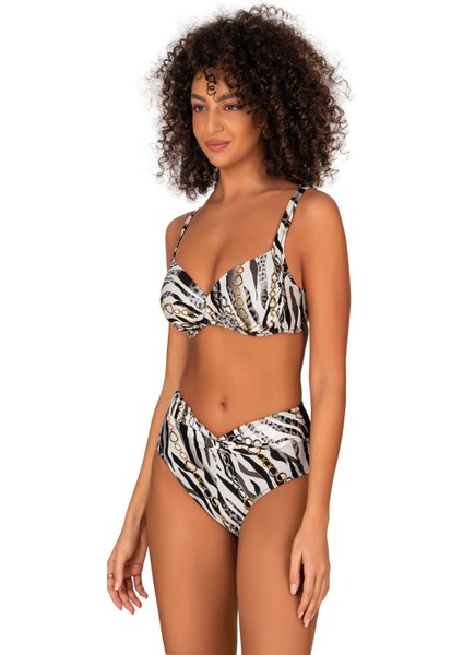 Kadın Zincir Desenli Toparlayıcı Yüksek Bel Bikini Takımı