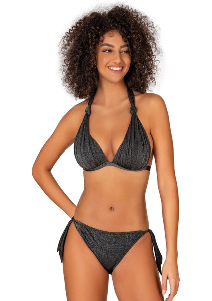Kadın Siyah Simli Yarım Dolgulu Bikini Takımı