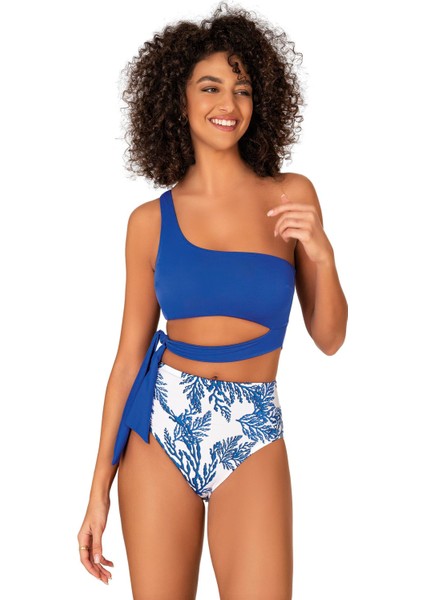 Kadın Yüksek Bel Yan Bağlama Detaylı Mavi Desenli Bikini Takımı