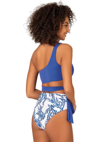 Kadın Yüksek Bel Yan Bağlama Detaylı Mavi Desenli Bikini Takımı