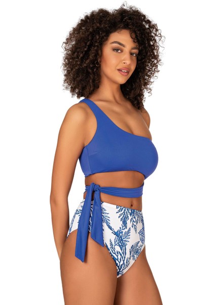 Kadın Yüksek Bel Yan Bağlama Detaylı Mavi Desenli Bikini Takımı