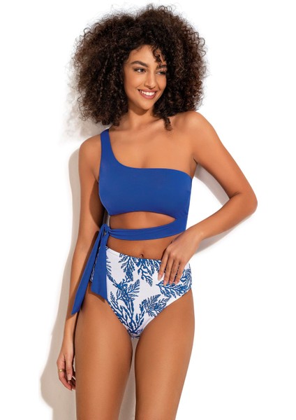 Kadın Yüksek Bel Yan Bağlama Detaylı Mavi Desenli Bikini Takımı