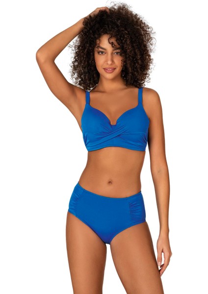 Kadın Büyük Beden Destekli Büzgü Detaylı Mavi Bikini Takımı