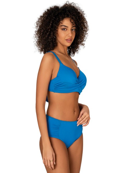 Kadın Büyük Beden Destekli Büzgü Detaylı Mavi Bikini Takımı modelleri