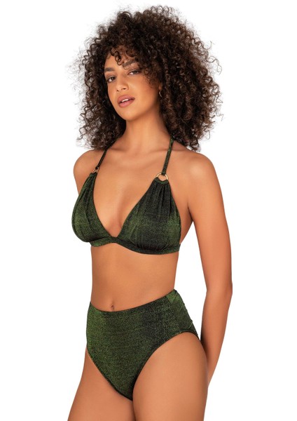 Kadın Halka Aksesuarlı Yüksel Bel Simli Bikini Takımı