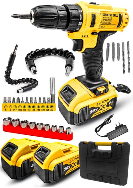 Tekno Trust Profesyonel 27 Parça Çift Akülü Turbo 36V Tork Güçlendirilmiş Akülü Vidalama Matkap Vidalama Set