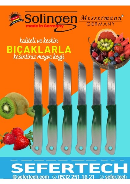 Messermann Germany Sefertech | Bıçak Seti - Solingen | 6'lı Tek Renk Takım Sebze Meyve Bıçağı