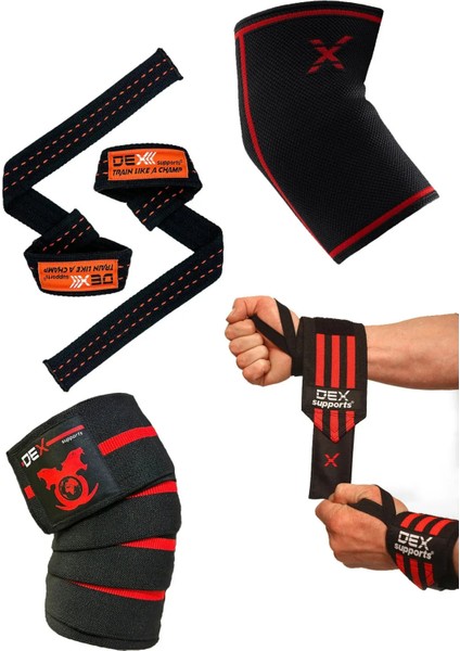 Dex Supports Lasting Energy Fitness Dirseklik +Bilek Bandajı (Wrist Wraps) + Diz Bandajı Knee Wraps+Straps 4'lü Paket