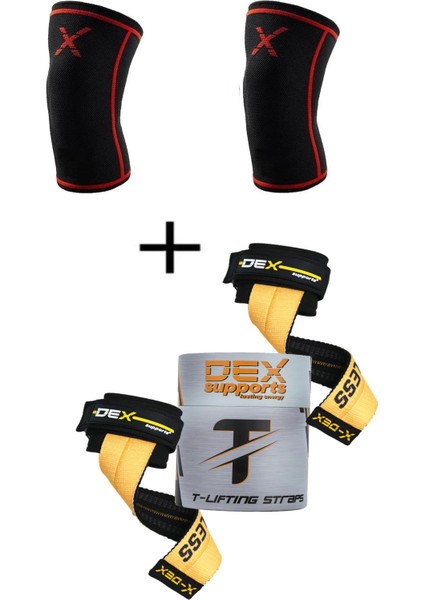 Dex Supports Lasting Energy T-Grips Lifting Straps Ağırlık Kemeri+Knee Sleeve Fitness Spor Dizlik Antrenman Dizliği 2'li Paket