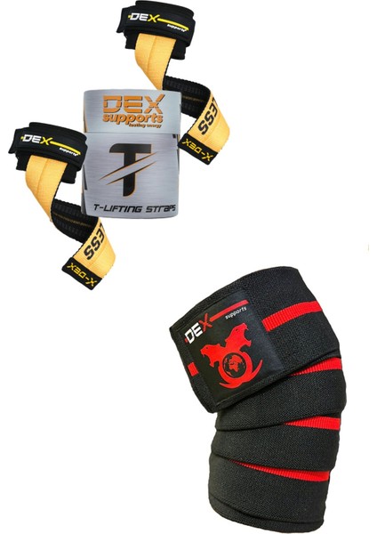 Dex Supports Lasting Energy T-Grips Lifting Straps Ağırlık Kemeri T-Grips Pro+Fitness Sargılı Dizlik Pro Knee Wraps 2'li Paket