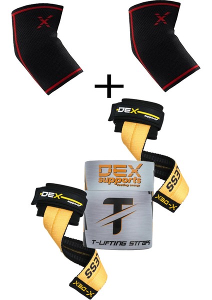 Dex Supports Lasting Energy T-Grips Lifting Straps Ağırlık Kemeri+Elbow Sleeve Fitness Antrenman Dirsekliği 2'li Paket