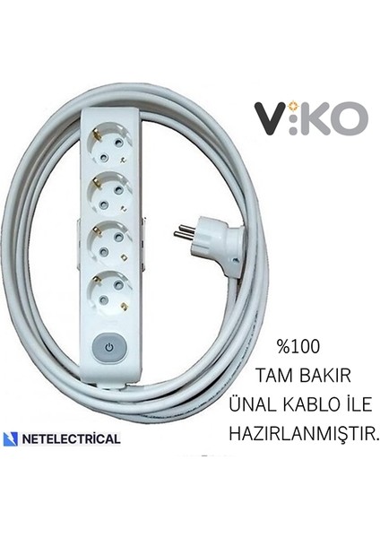 Multi-Let 4'lü Anahtarlı 4 Metre Topraklı Çocuk Korumalı Kablolu Grup Priz