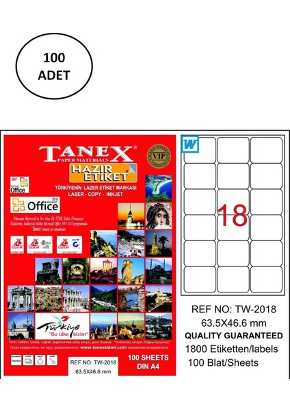 Tanex TW-2018 Lazer Etiket 63X46 mm 100 Adet