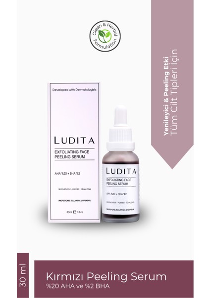 Ludita Yenileyici Cilt Tonu Eşitleyici Yüz Peeling Kırmızı Serum (%20 Aha ve %2 Bha)