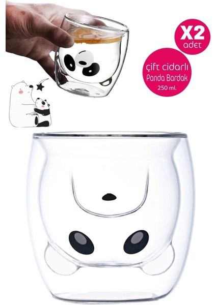 Sevimli Panda Çift Cidarlı Bardak Süt Çay Kahve Su Bardağı 250ML Isı Yalıtımlı Kupa Bardak Seti