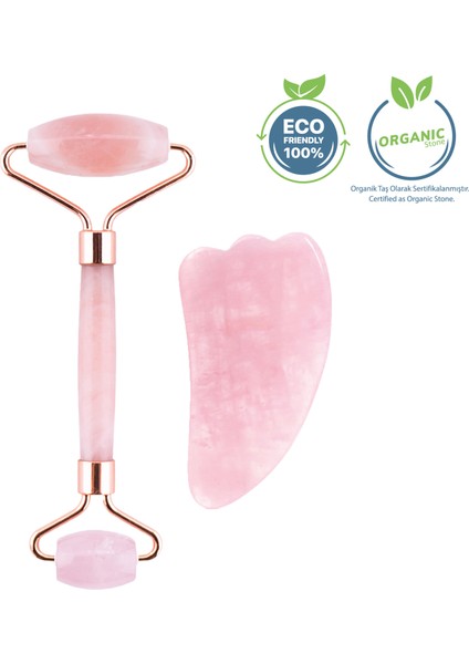 Pembe Kuvars Face Roller Ve Pembe Kuvars Tırtıklı Gua Sha Yüz Masaj Aleti Seti Sertifikalı