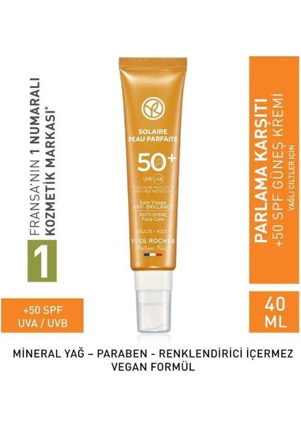 Yüz Güneş Kremi - Spf 50+ - Parlama Karşıtı / Solaire Peau Parfaite Güneşin Zararlı Etkisinden Cildinizi Korurken, Cildin Parlamasın... 40 ml