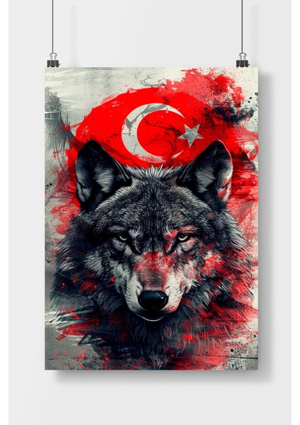 Türk Bayrağı ve Bozkurt Poster Çerçevesiz Parlak Kağıt