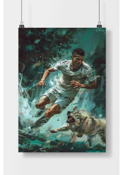 Kurtla Koşan Ronaldo Anime Tarzı Poster Çerçevesiz Parlak Kağıt