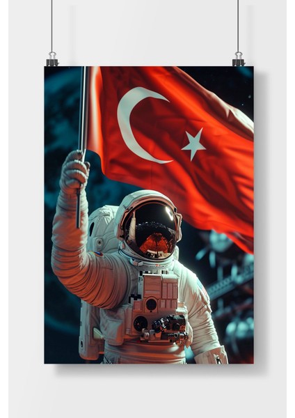 Türk Bayraklı Astronot Poster Çerçevesiz Parlak Kağıt