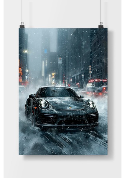 Şehirde Porsche 911 Araba Poster Çerçevesiz Parlak Kağıt