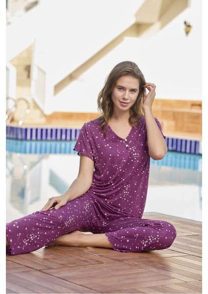 Kadın Mor Bambu Kumaş Kısa Kollu Pijama Takımı 240128