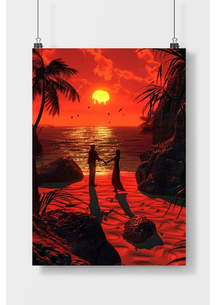 Kızıl Gökyüzünde Bir Çift Sanat Poster Çerçevesiz Parlak Kağıt