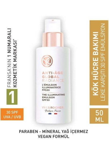Leke Karşıtı 30 Spf Emülsiyon Krem - Yenileyici Yaşlanma Karşıtı Bitkisel Kök Hücre Bakımı / Anti-Age Global 8 Farklı Yaşlanma Karşıtı Etki - Skualen & Vitamin E 50 ml