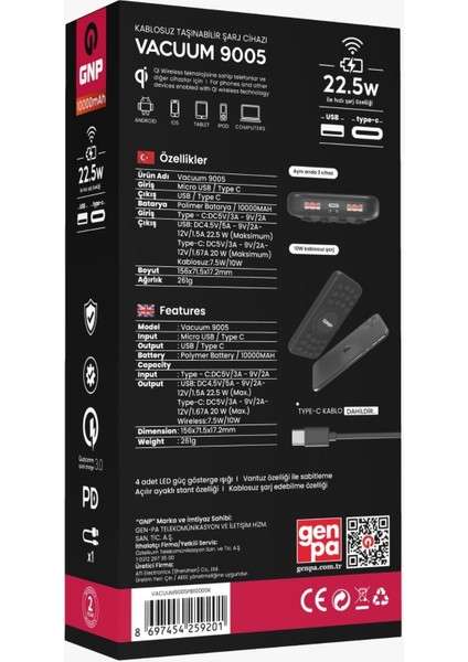 Gnp Vacuum 9005 Qualcom 3.0 Hızlı Şarjlı Wifi Vakumlu 10.000MAH Powerbank Siyah fırsatları