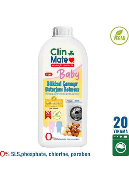 Yeni Clinmate Ekolojik Baby Bitkisel Bebek Çamaşır Deterjanı Kokusuz 750 ml 20 Yk