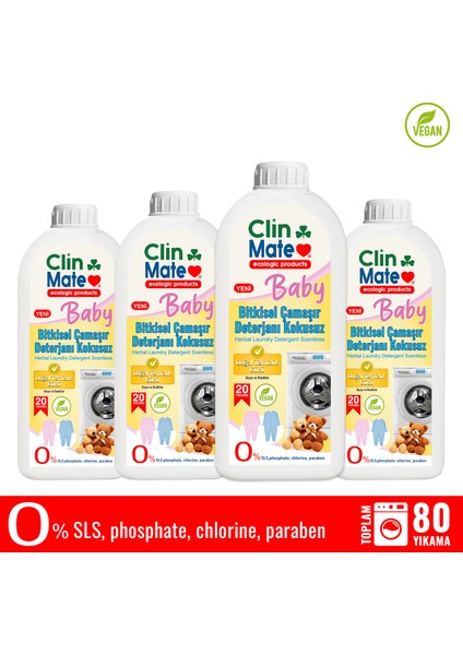 4'lü Set Yeni Clinmate Ekolojik Baby Bitkisel Bebek Çamaşır Deterjanı Kokusuz 750 ml 80 Yk