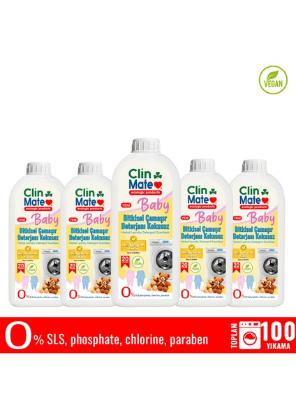 5'li Set Yeni Clinmate Ekolojik Baby Bitkisel Bebek Çamaşır Deterjanı Kokusuz 750 ml 100 Yk