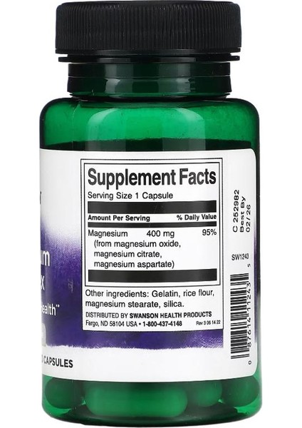 Swanson, Triple Magnesium Complex, 400 Mg, 30 Capsules fiyatları