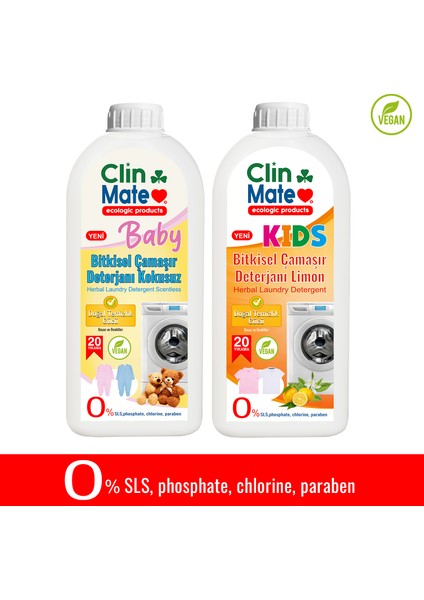 2'li Set Yeni Baby Bitkisel Bebek Çamaşır Deterjanı Kokusuz + Çocuk Deterjanı Limon 750 ml 40 Yk