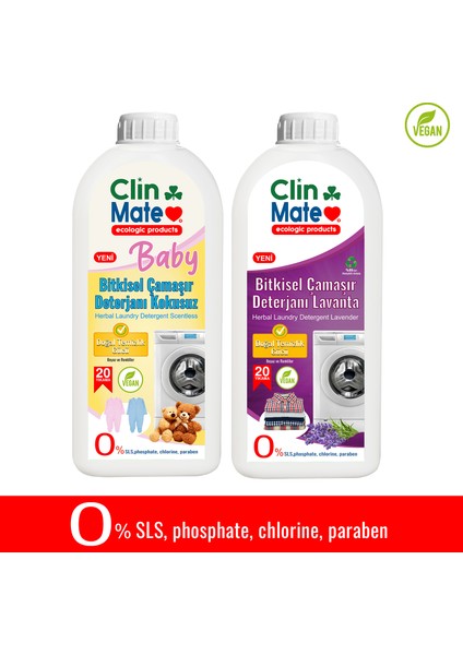 2'li Set Yeni Baby Bitkisel Bebek Çamaşır Deterjanı Kokusuz + Çamaşır Deterjanı Lavanta 750 ml 40 Yk