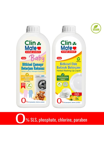 2'li Set Yeni Baby Bitkisel Bebek Çamaşır Deterjanı Kokusuz + Elde Bulaşık Deterjanı Limon 750 ml