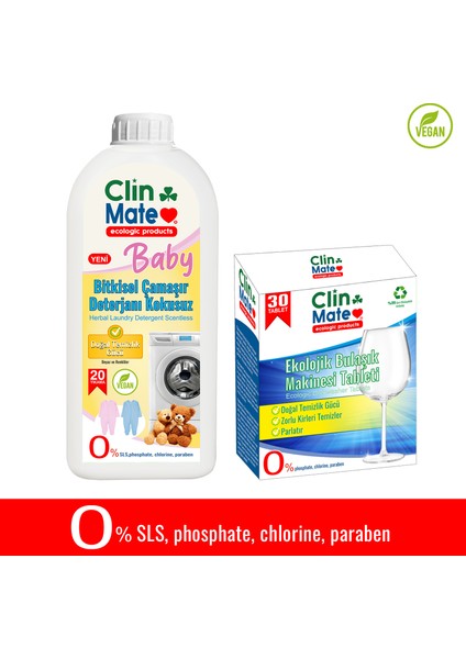 2'li Set Bitkisel Bebek Çamaşır Deterjanı Kokusuz 750 ml 20 Yk + Ekolojik Bulaşık Tableti 30'lu