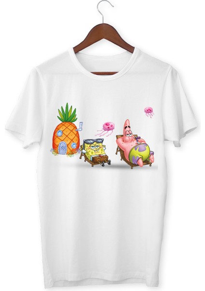 Sünger Bob Beyaz Biskilet Yaka T-Shirt