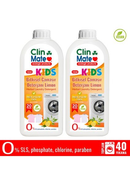 2'li Set Yeni Clinmate Ekolojik Kids Bitkisel Çocuk Deterjanı Limon 750 ml 20 Yk