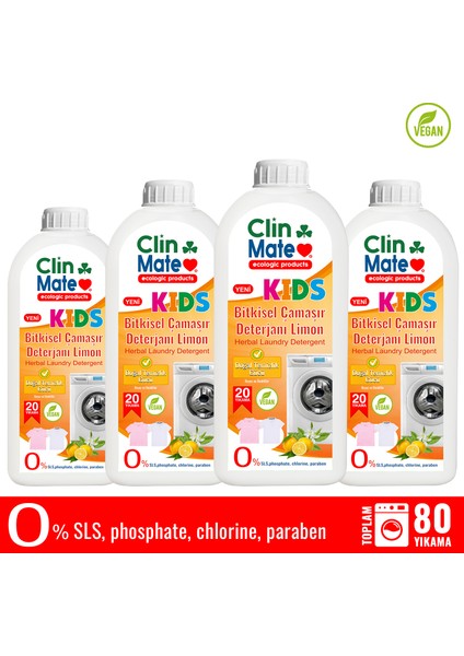 4'lü Set Yeni Clinmate Ekolojik Kids Bitkisel Çocuk Deterjanı Limon 750 ml 80 Yk