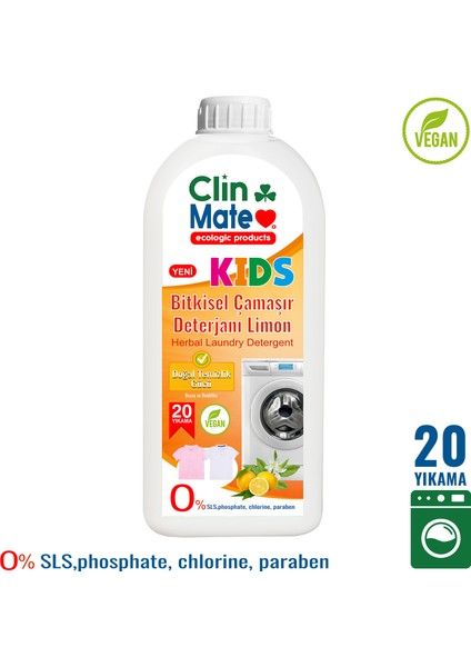 Yeni Clinmate Ekolojik Kids Bitkisel Çocuk Deterjanı Limon 750 ml 20 Yk