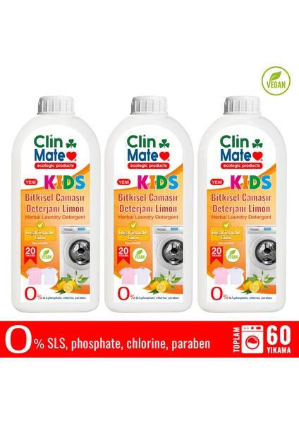 3'lü Set Yeni Clinmate Ekolojik Kids Bitkisel Çocuk Deterjanı Limon 750 ml 60 Yk