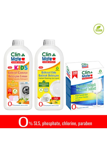 3'lüset Kids Bitkisel Çocuk Deterjanı Limon 750 ml 20 Yk+Eklojik Bulaşık Tableti+ Elde Bulaşık Limon